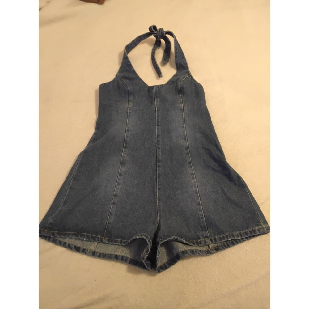 Blue Jean Halter Shorts Romper Tie Around The Neck Jumper Women's Size Large
